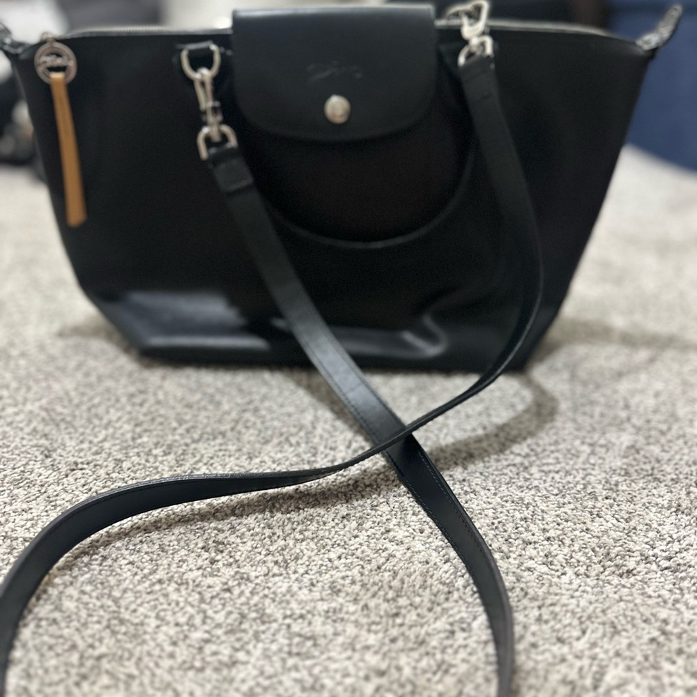 Longchamp Le Pliage Cuir Small Top Handle Bag – Black